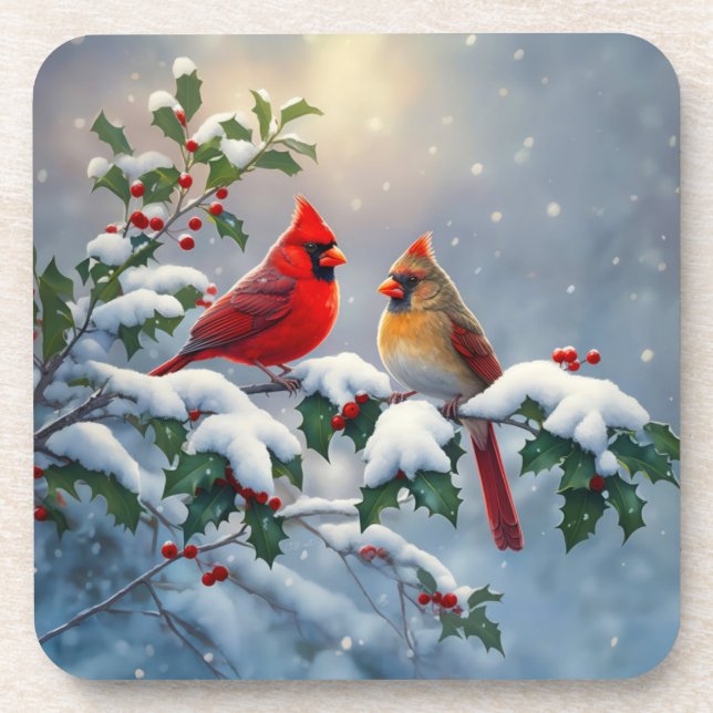 Red Cardinals and Holly in Snow Beverage Coaster (Front)