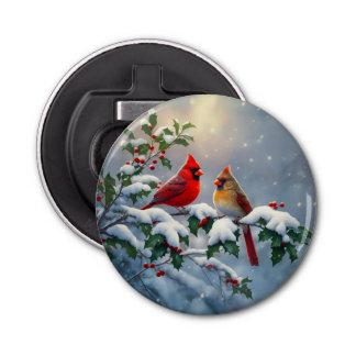 Red Cardinals and Holly in Snow Bottle Opener