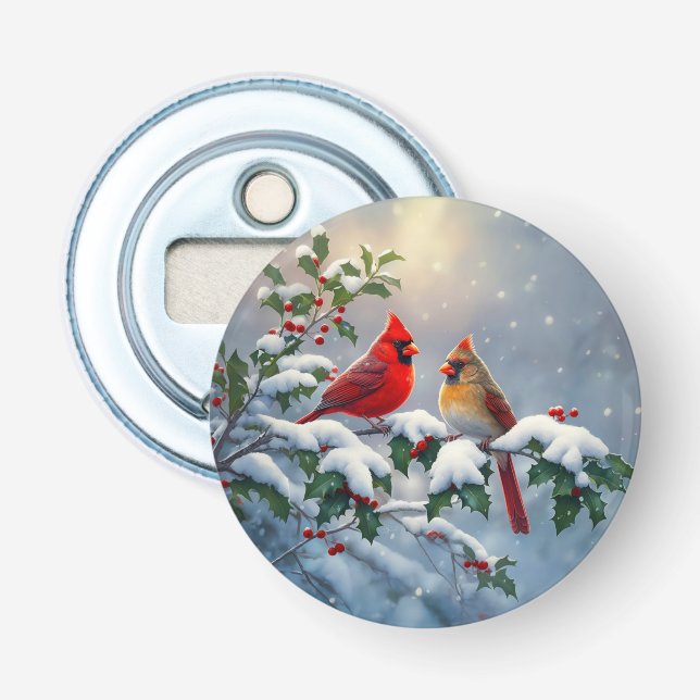 Red Cardinals and Holly in Snow Bottle Opener (Front)