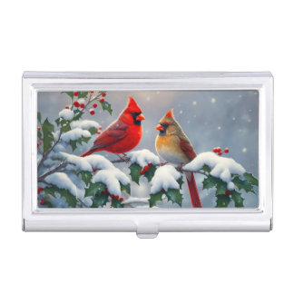 Red Cardinals and Holly in Snow Business Card Case