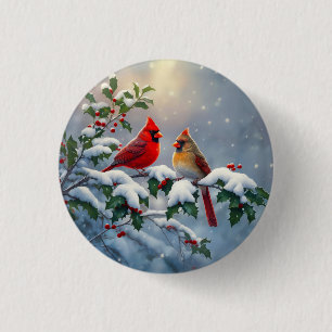 Red Cardinals and Holly in Snow Button