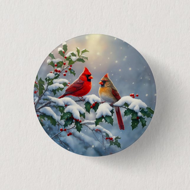 Red Cardinals and Holly in Snow Button (Front)