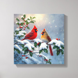 Red Cardinals and Holly in Snow Canvas Print
