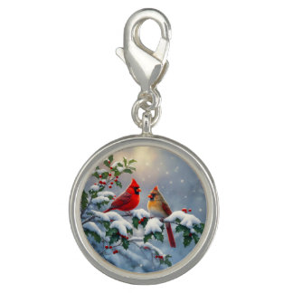 Red Cardinals and Holly in Snow Charm