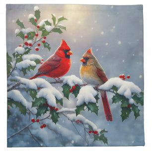 Red Cardinals and Holly in Snow Cloth Napkin