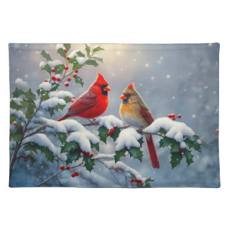 Red Cardinals and Holly in Snow Cloth Placemat