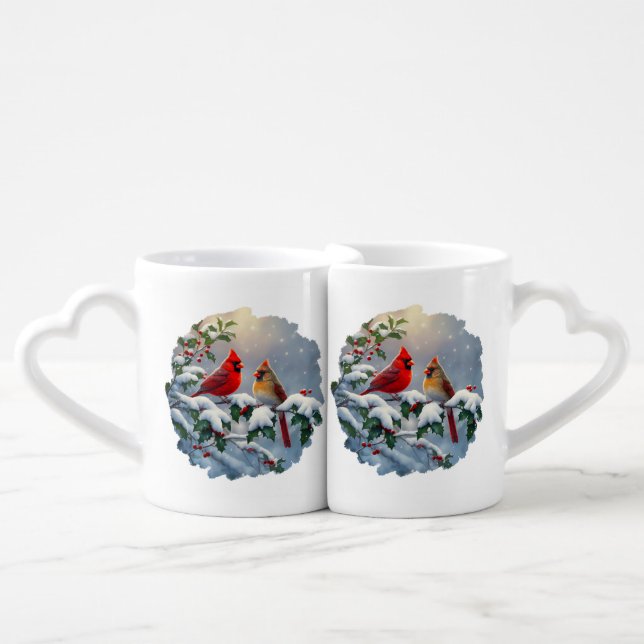 Red Cardinals and Holly in Snow Coffee Mug Set (Front Nesting)