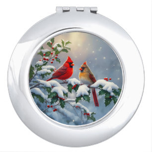 Red Cardinals and Holly in Snow Compact Mirror