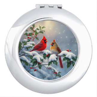 Red Cardinals and Holly in Snow Compact Mirror