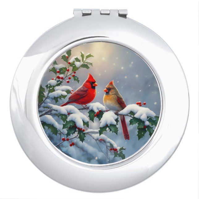 Red Cardinals and Holly in Snow Compact Mirror (Front)
