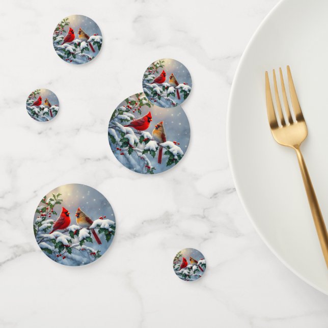 Red Cardinals and Holly in Snow Confetti (Group)
