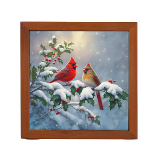 Red Cardinals and Holly in Snow Desk Organizer