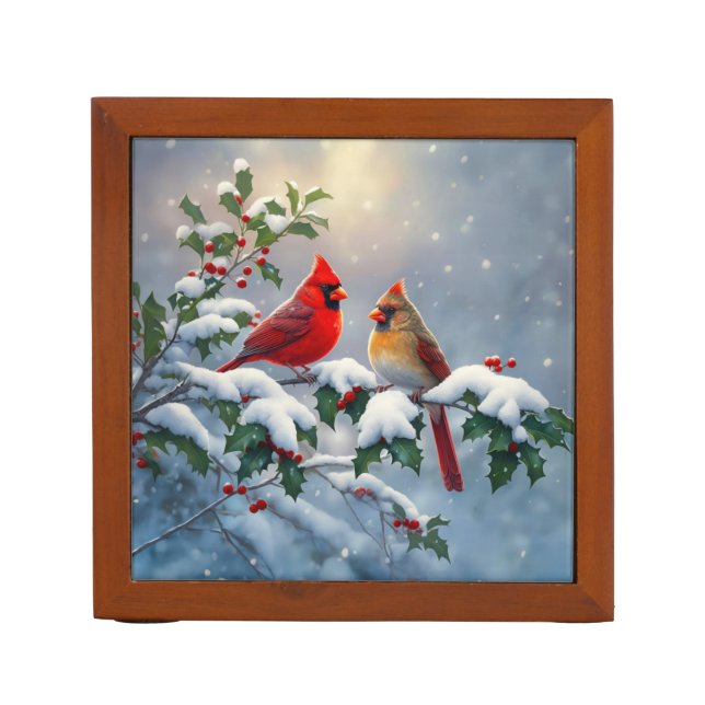 Red Cardinals and Holly in Snow Desk Organizer (Front)