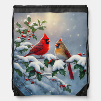 Red Cardinals and Holly in Snow Drawstring Bag