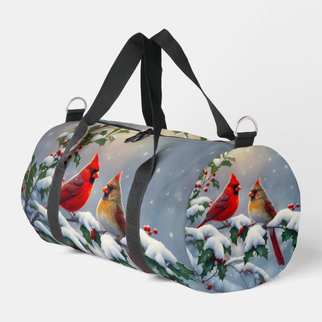 Red Cardinals and Holly in Snow Duffle Bag (Left Corner)