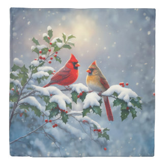 Red Cardinals and Holly in Snow Duvet Cover