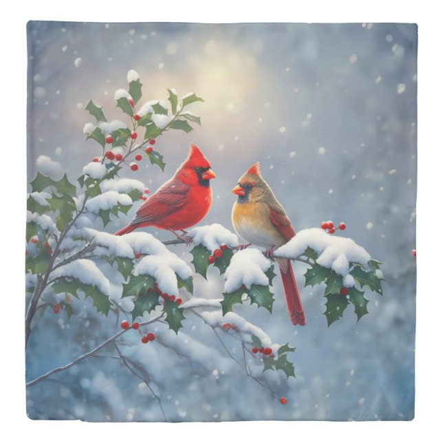Red Cardinals and Holly in Snow Duvet Cover (Front)