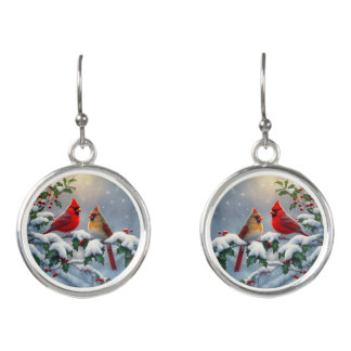 Red Cardinals and Holly in Snow Earrings