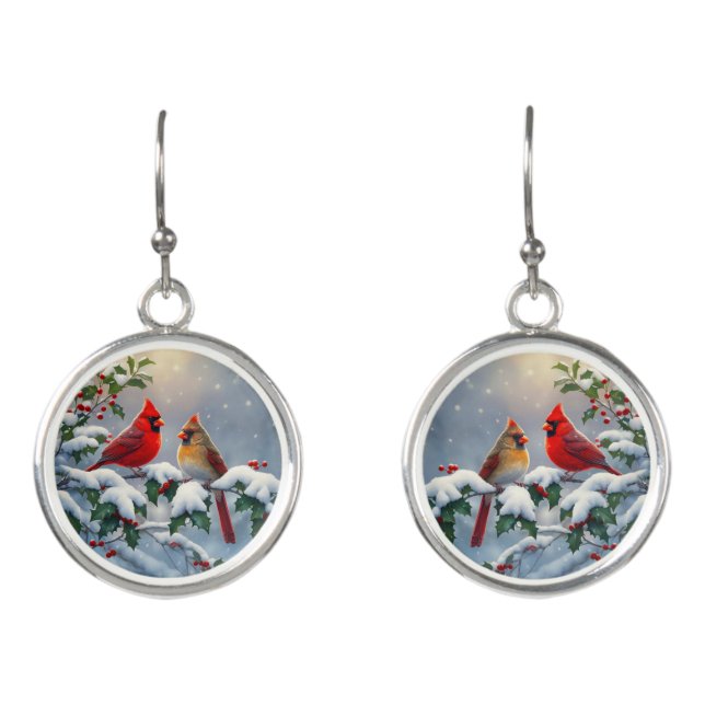 Red Cardinals and Holly in Snow Earrings (Front)