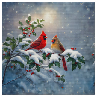 Red Cardinals and Holly in Snow Fabric