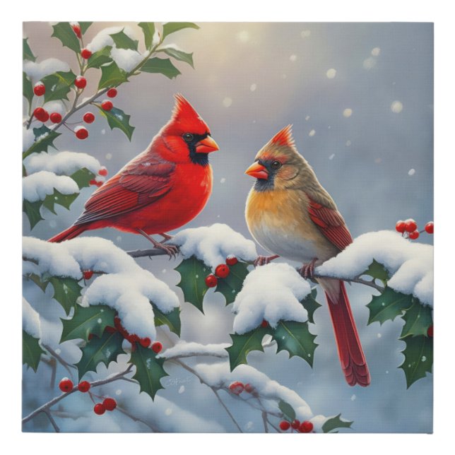 Red Cardinals and Holly in Snow Faux Canvas Print (Front)