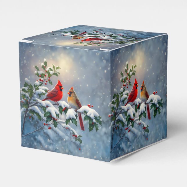 Red Cardinals and Holly in Snow Favor Boxes (Front Side)