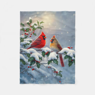 Red Cardinals and Holly in Snow Fleece Blanket