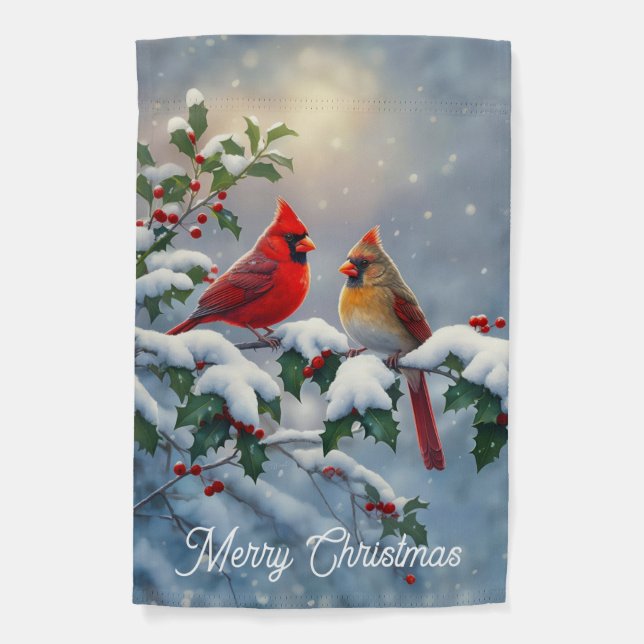 Red Cardinals and Holly in Snow Garden Flag (Front)