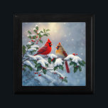 Red Cardinals and Holly in Snow Gift Box<br><div class="desc">A pair of northern red cardinals perch on a holly branch covered with red berries and snow.</div>