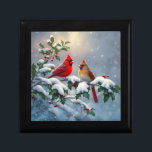 Red Cardinals and Holly in Snow Gift Box<br><div class="desc">A pair of northern red cardinals perch on a holly branch covered with red berries and snow.</div>