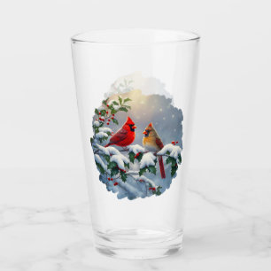 Red Cardinals and Holly in Snow Glass