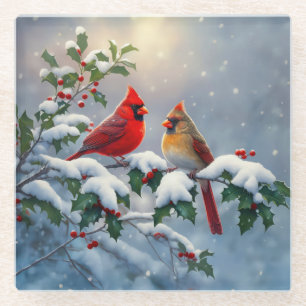 Red Cardinals and Holly in Snow Glass Coaster
