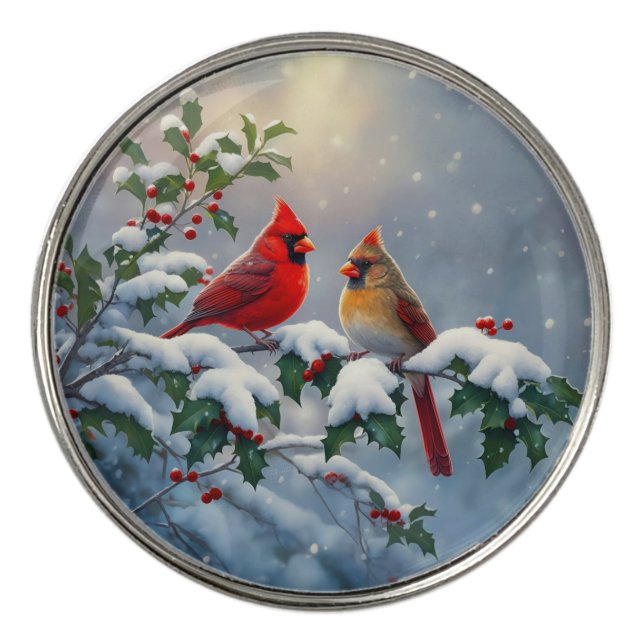 Red Cardinals and Holly in Snow Golf Ball Marker (Front)