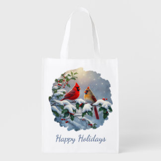 Red Cardinals and Holly in Snow Grocery Bag