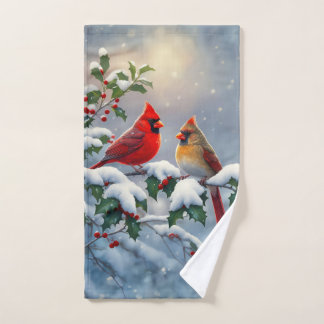 Red Cardinals and Holly in Snow Hand Towel