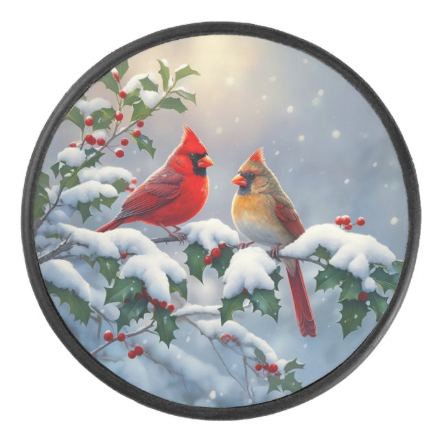 Red Cardinals and Holly in Snow Hockey Puck (Front)