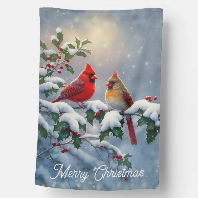 Red Cardinals and Holly in Snow House Flag (Front)