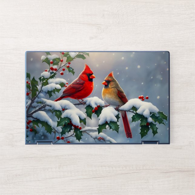 Red Cardinals and Holly in Snow HP Laptop Skin (Front)