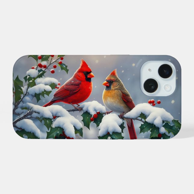 Red Cardinals and Holly in Snow iPhone 15 Case (Back Horizontal)