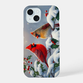 Red Cardinals and Holly in Snow iPhone 15 Case