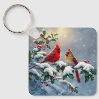 Red Cardinals and Holly in Snow Keychain