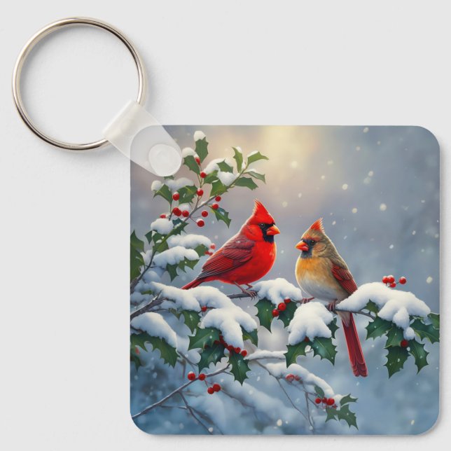 Red Cardinals and Holly in Snow Keychain (Front)