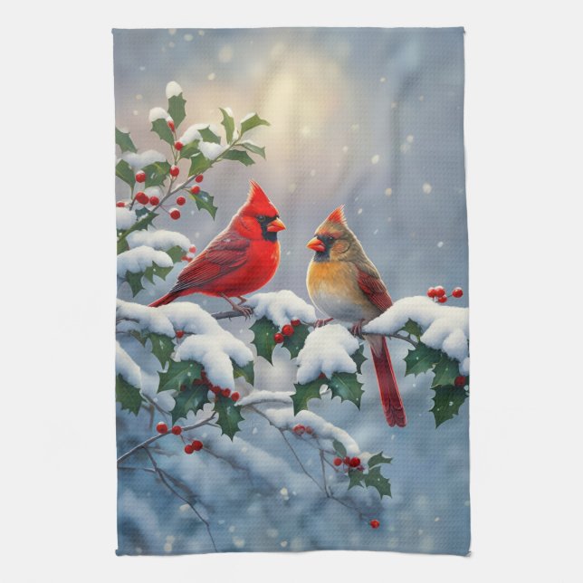 Red Cardinals and Holly in Snow Kitchen Towel (Vertical)