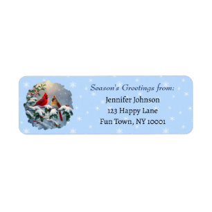 Red Cardinals and Holly in Snow Label