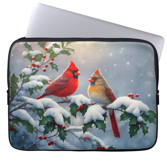 Red Cardinals and Holly in Snow Laptop Sleeve (Front)