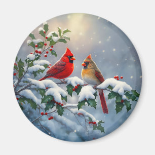 Red Cardinals and Holly in Snow Magnet