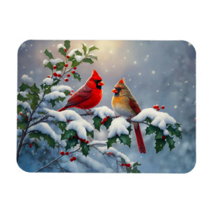 Red Cardinals and Holly in Snow Magnet