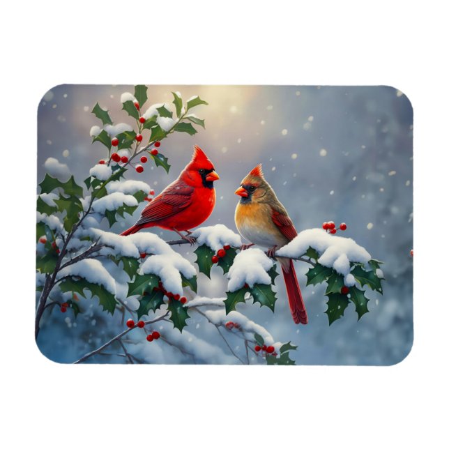 Red Cardinals and Holly in Snow Magnet (Horizontal)