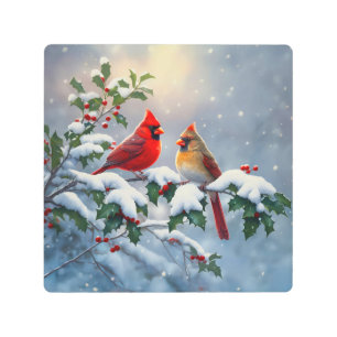 Red Cardinals and Holly in Snow Metal Print