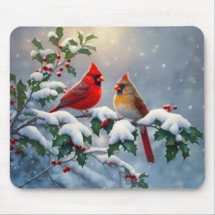 Red Cardinals and Holly in Snow Mouse Pad